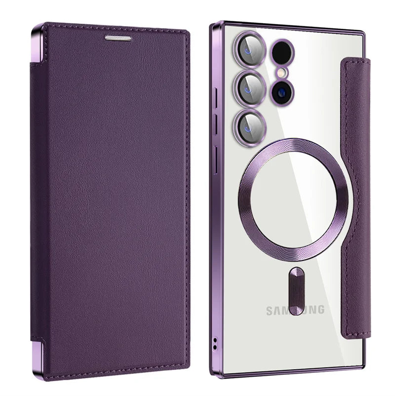 For Sansung Galaxy S25 S24 23 22 Ultra Plus FE A55 A35 A15 A05 Phone Case With MagSafe Luxury Flip Wallet Card Slot Leather Case