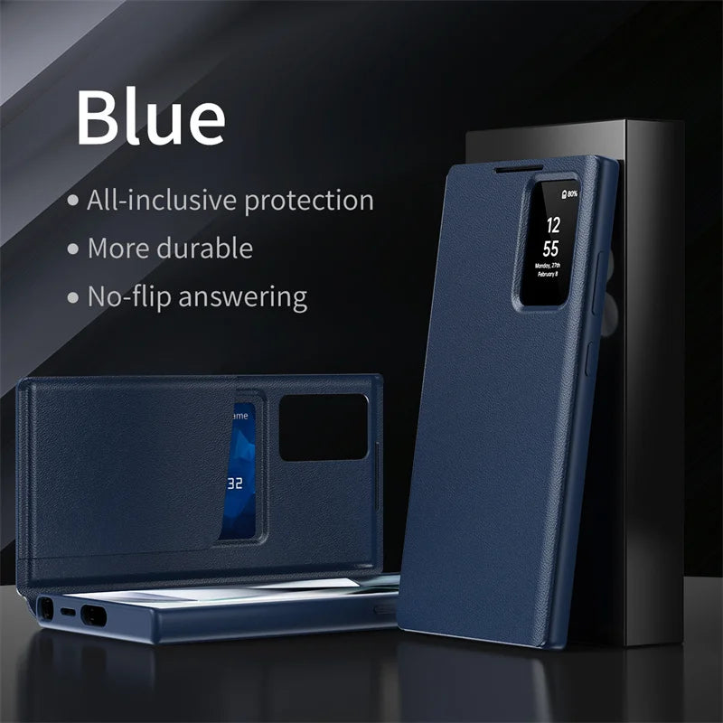 For Samsung Galaxy S22 S23 S24 S25 Ultra 25 Plus Case Original PU Leather Card Pocke Flip Smart Display Transparent Window Cover