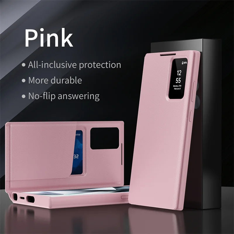 For Samsung Galaxy S22 S23 S24 S25 Ultra 25 Plus Case Original PU Leather Card Pocke Flip Smart Display Transparent Window Cover