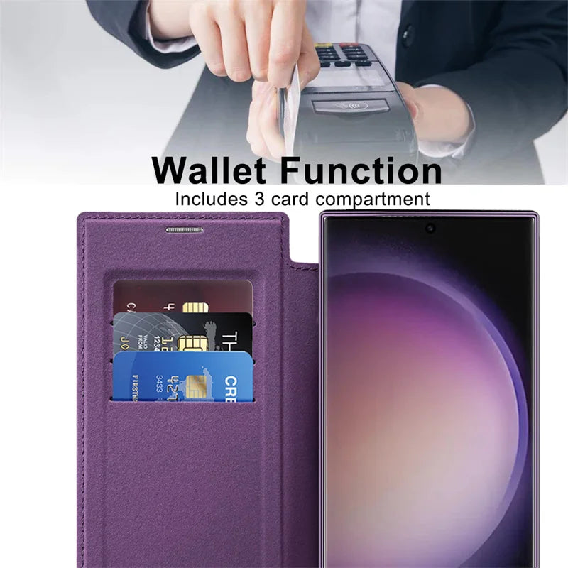 For Sansung Galaxy S25 S24 23 22 Ultra Plus FE A55 A35 A15 A05 Phone Case With MagSafe Luxury Flip Wallet Card Slot Leather Case