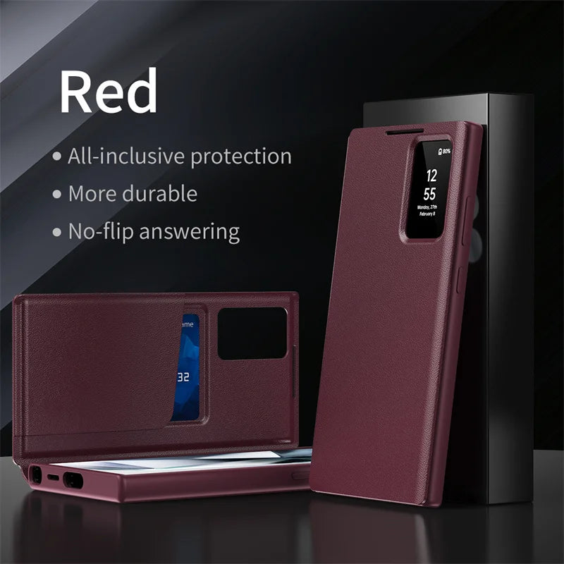 For Samsung Galaxy S22 S23 S24 S25 Ultra 25 Plus Case Original PU Leather Card Pocke Flip Smart Display Transparent Window Cover