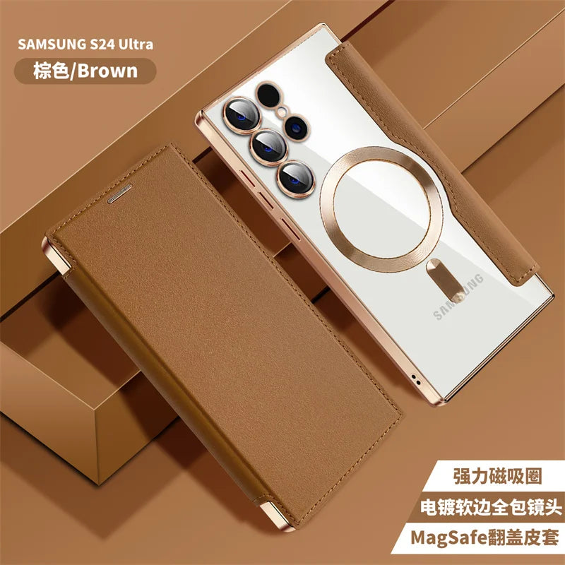 For Sansung Galaxy S25 S24 23 22 Ultra Plus FE A55 A35 A15 A05 Phone Case With MagSafe Luxury Flip Wallet Card Slot Leather Case