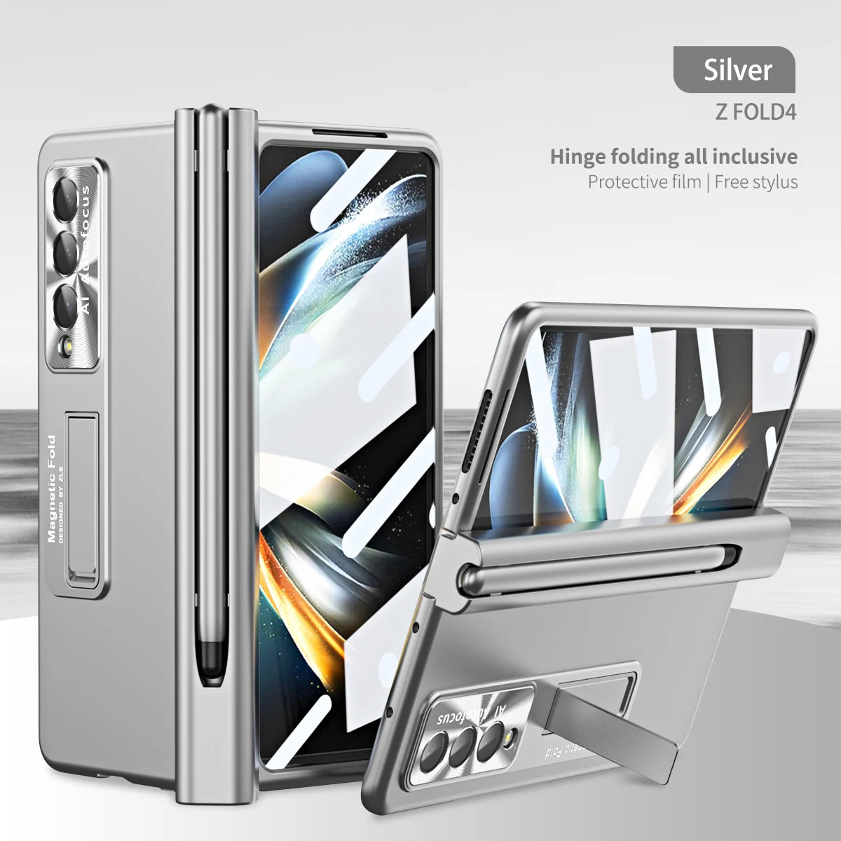 Plating Clear Hinge Magnetic Case For Samsung Galaxy Z Fold 4 5 with Pen Holder Full Screen Protector Phone Cover Fold 7 6 3 5G