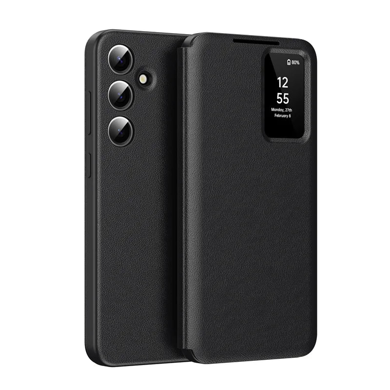 For Samsung Galaxy S22 S23 S24 S25 Ultra 25 Plus Case Original PU Leather Card Pocke Flip Smart Display Transparent Window Cover