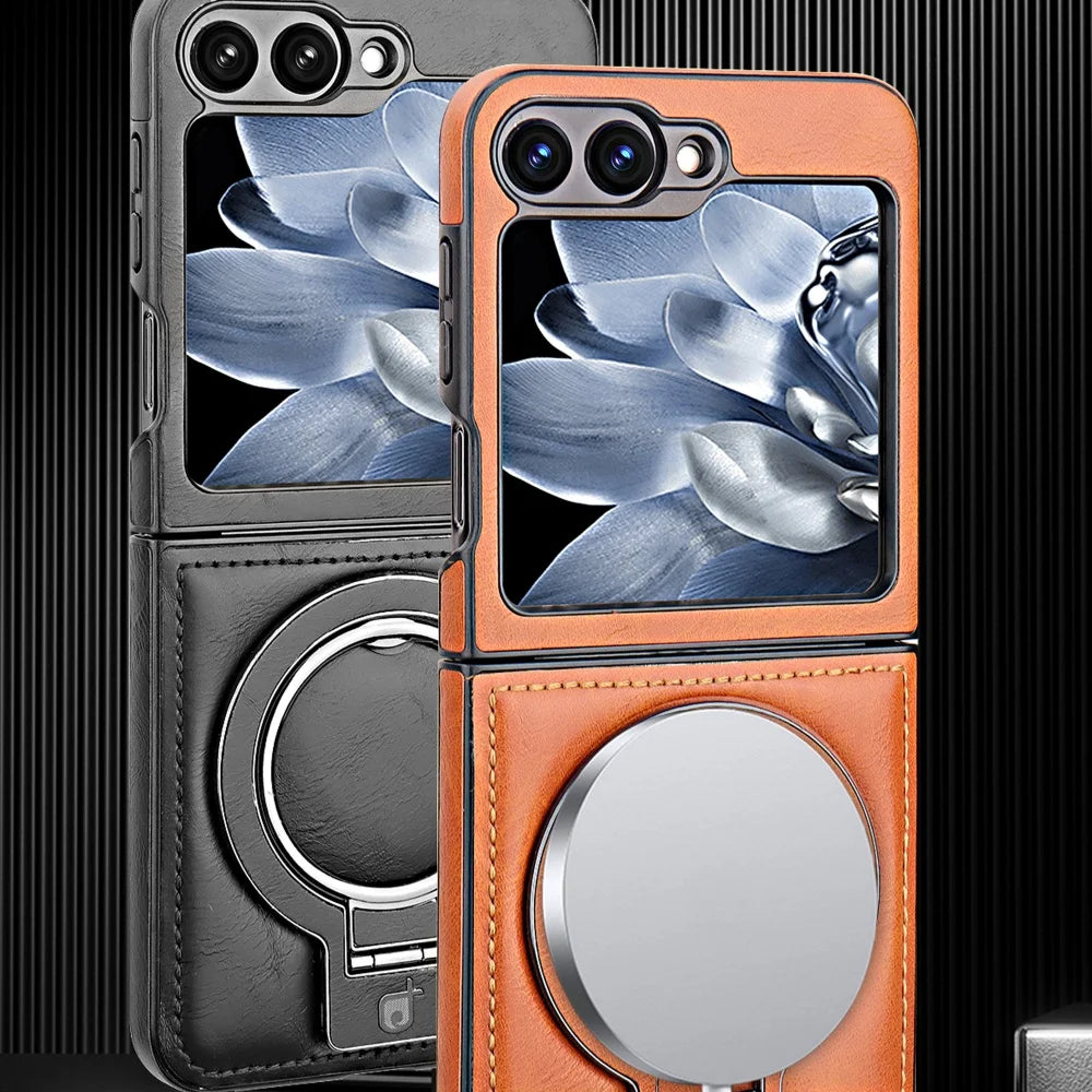 Samsung Galaxy Z Flip 6 5 4 3 Magnetic Flip Phone Case High-end Leather ZFlip 6 Ring Bracket Shockproof Wireless Charge Funda