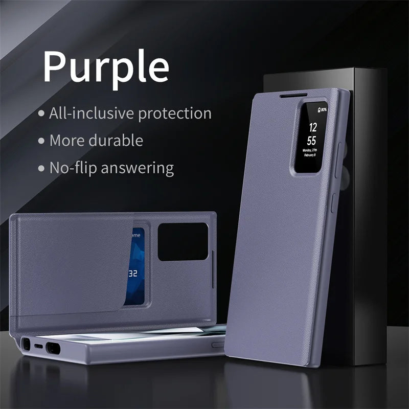 For Samsung Galaxy S22 S23 S24 S25 Ultra 25 Plus Case Original PU Leather Card Pocke Flip Smart Display Transparent Window Cover