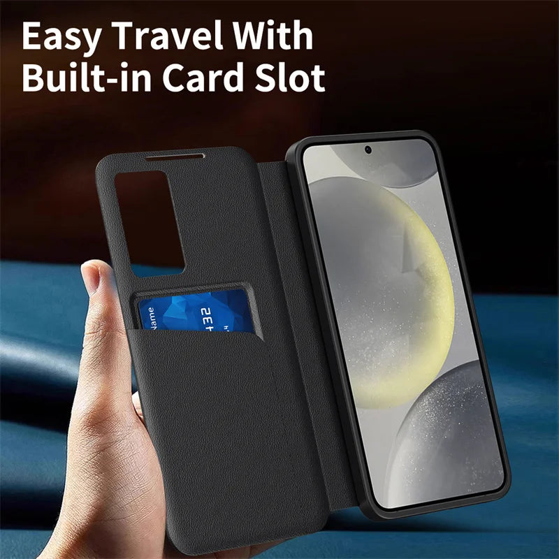 For Samsung Galaxy S22 S23 S24 S25 Ultra 25 Plus Case Original PU Leather Card Pocke Flip Smart Display Transparent Window Cover
