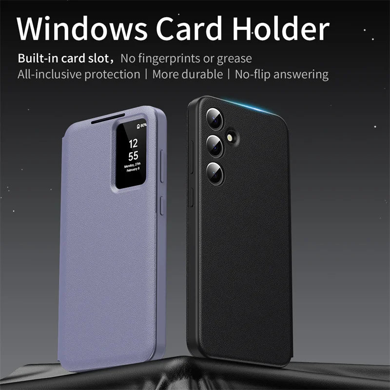 For Samsung Galaxy S22 S23 S24 S25 Ultra 25 Plus Case Original PU Leather Card Pocke Flip Smart Display Transparent Window Cover