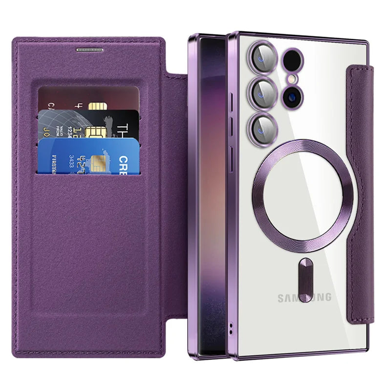 For Sansung Galaxy S25 S24 23 22 Ultra Plus FE A55 A35 A15 A05 Phone Case With MagSafe Luxury Flip Wallet Card Slot Leather Case