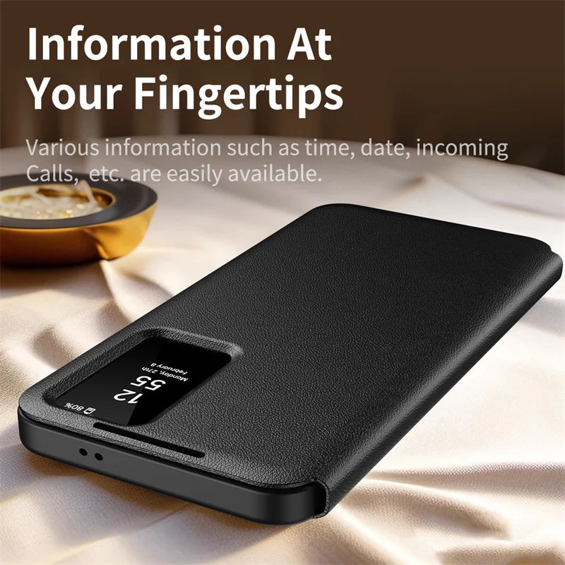 For Samsung Galaxy S22 S23 S24 S25 Ultra 25 Plus Case Original PU Leather Card Pocke Flip Smart Display Transparent Window Cover