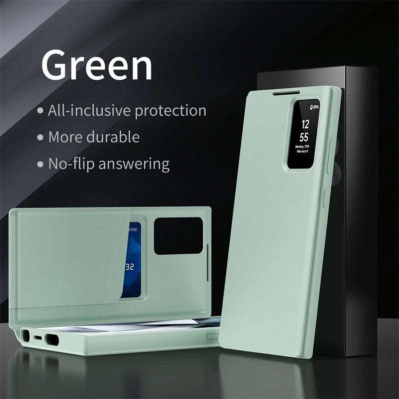 For Samsung Galaxy S22 S23 S24 S25 Ultra 25 Plus Case Original PU Leather Card Pocke Flip Smart Display Transparent Window Cover