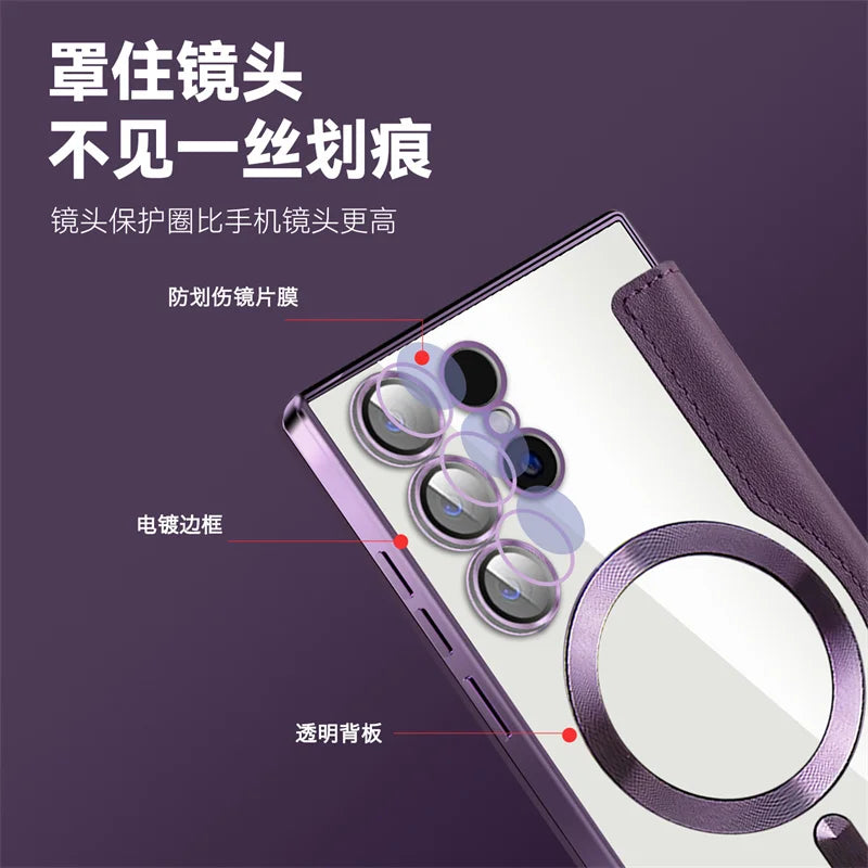 For Sansung Galaxy S25 S24 23 22 Ultra Plus FE A55 A35 A15 A05 Phone Case With MagSafe Luxury Flip Wallet Card Slot Leather Case