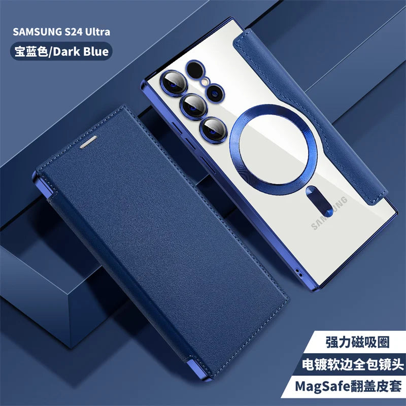 For Sansung Galaxy S25 S24 23 22 Ultra Plus FE A55 A35 A15 A05 Phone Case With MagSafe Luxury Flip Wallet Card Slot Leather Case