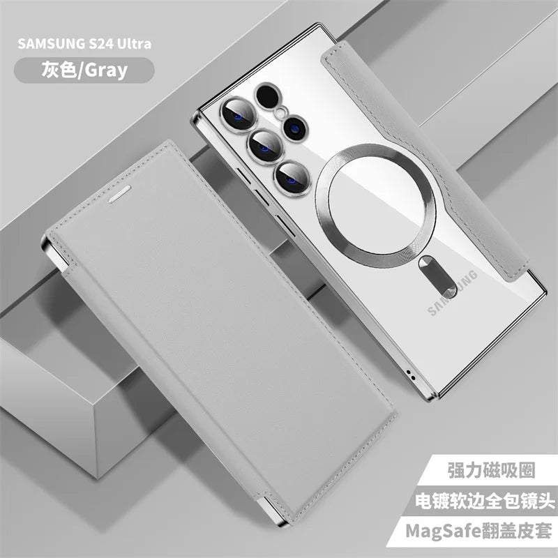 For Sansung Galaxy S25 S24 23 22 Ultra Plus FE A55 A35 A15 A05 Phone Case With MagSafe Luxury Flip Wallet Card Slot Leather Case