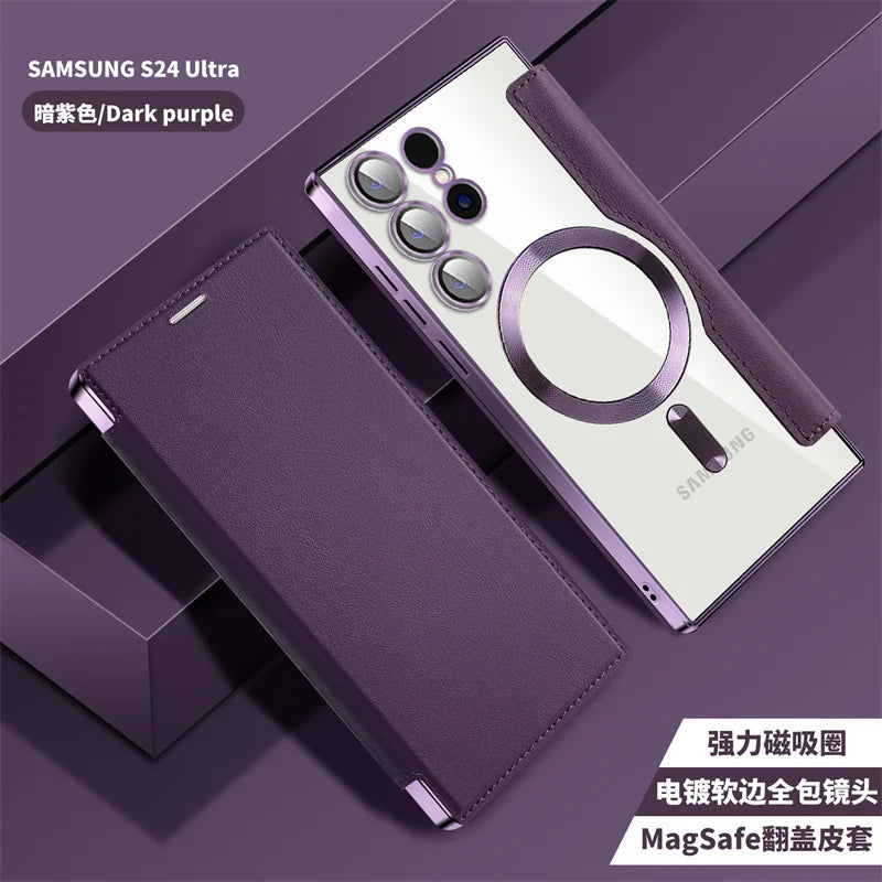 For Sansung Galaxy S25 S24 23 22 Ultra Plus FE A55 A35 A15 A05 Phone Case With MagSafe Luxury Flip Wallet Card Slot Leather Case