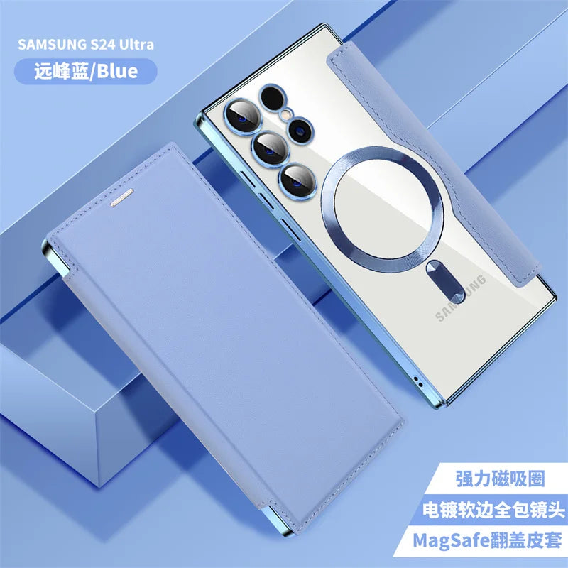 For Sansung Galaxy S25 S24 23 22 Ultra Plus FE A55 A35 A15 A05 Phone Case With MagSafe Luxury Flip Wallet Card Slot Leather Case