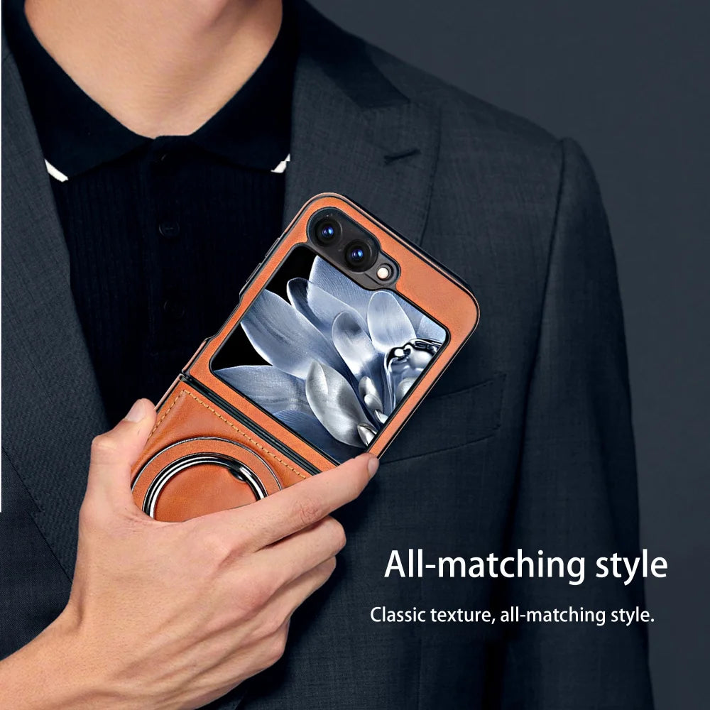 Samsung Galaxy Z Flip 6 5 4 3 Magnetic Flip Phone Case High-end Leather ZFlip 6 Ring Bracket Shockproof Wireless Charge Funda
