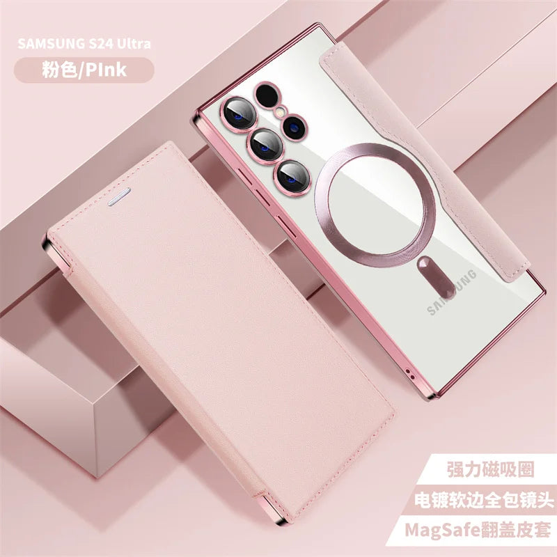 For Sansung Galaxy S25 S24 23 22 Ultra Plus FE A55 A35 A15 A05 Phone Case With MagSafe Luxury Flip Wallet Card Slot Leather Case