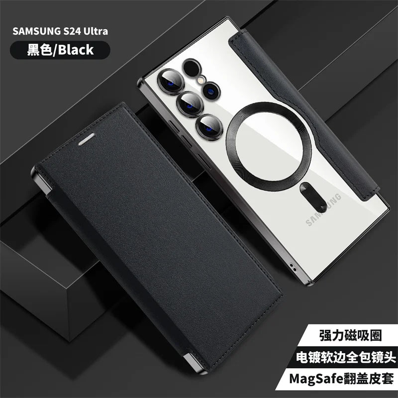 For Sansung Galaxy S25 S24 23 22 Ultra Plus FE A55 A35 A15 A05 Phone Case With MagSafe Luxury Flip Wallet Card Slot Leather Case