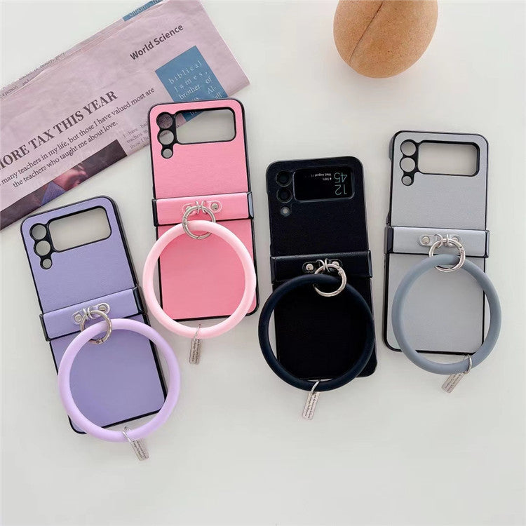 Leather Grain Solid Color Portable Ring Folding Screen Rear Cover Phone Case
