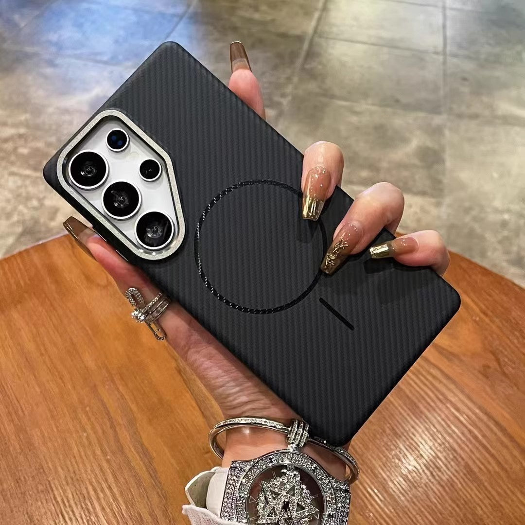 Phone Case Carbon Fiber Grain Fine Circle Magnetic Suction S24ultra Kevlar Drop-resistant Apply Mechanically